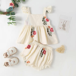 Open image in slideshow, Summer Baby Kids Girls Floral Pattern Sleeveless Strap Top Dress And Bloomers Clothing Set/ Onesies-1
