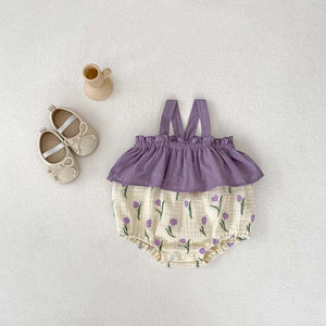 Open image in slideshow, Summer New Arrival Baby Girls Sleeveless Flowers Pattern Color Patchwork Strap Onesie-2
